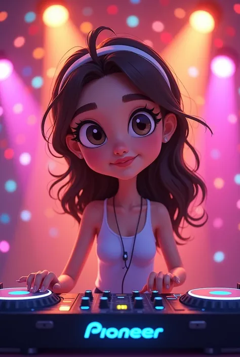 4d cartoon photo, beautiful woman smiling with beautiful eyes, thick eyelashes, and happy feelings, thin and sweet face, wearing a headband while using a pioneer brand DJ equipment, in a place with sparkling disco lights