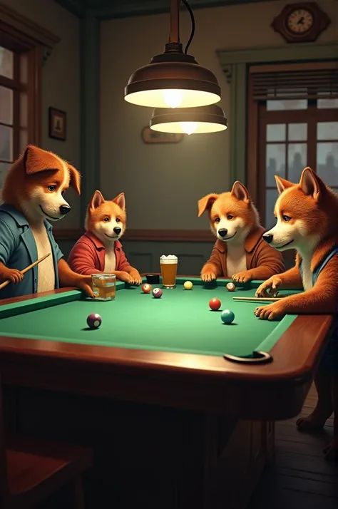 Dogs playing pool in a bar but humanized 