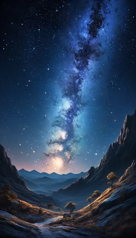 mysterious work of art painted with unusual techniques, starry sky, high and fine artwork, delicate and dynamic textures, contrasts of light and shadow, graphic CG digital art, ultra detailed, absolutely resolution, best quality