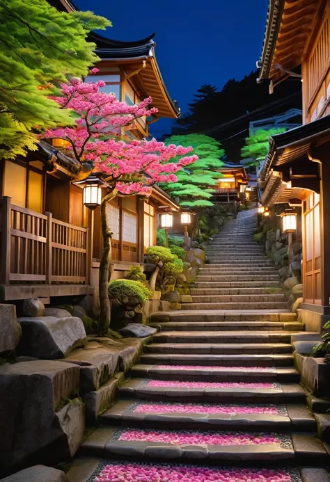 

"Create a vibrant and artistic scene centered around the iconic stone steps of Ikaho Onsen in Japan. The street is lined with traditional wooden buildings, illuminated with warm lanterns, and filled with a variety of colorful details, such as lush green ...