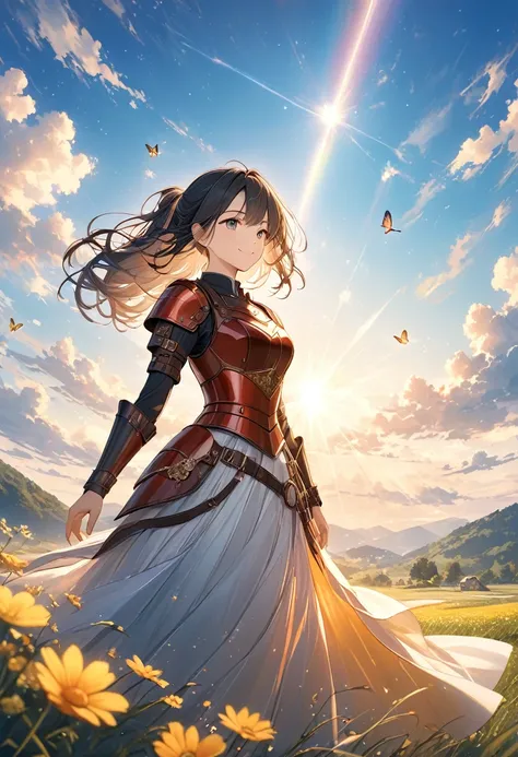 A beautiful woman, Knight, (( steampunk, futuristic armor, open field, )), ((armor that based on Lion, red color armor)), perfect posture, perfect body figure, milf, beautiful face, royal, age 46, mature, sweet smile, Tachibana Omina art style, black color...