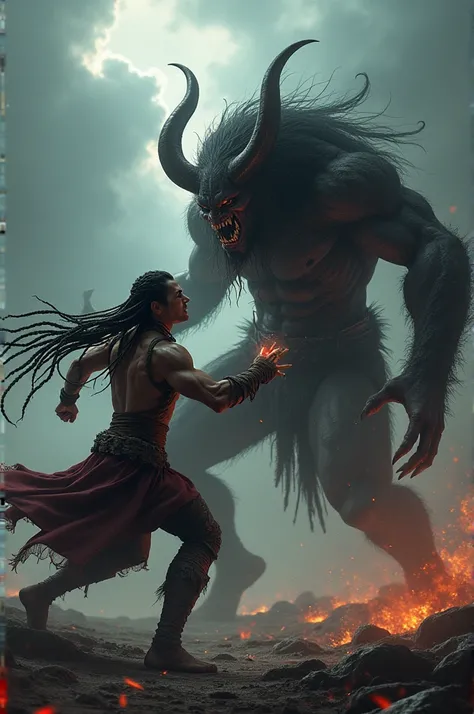 A man with braids and a large demon are fighting.