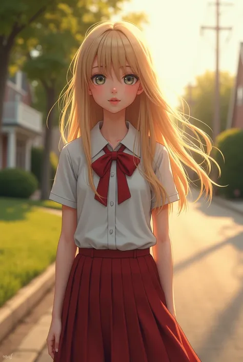 A cute blonde girl, american, 16 yo, graceful, stylish, ethereal, slim, big boobs, school uniform, standing on streets, american street, sub urban area, medium shot, sunkissed 