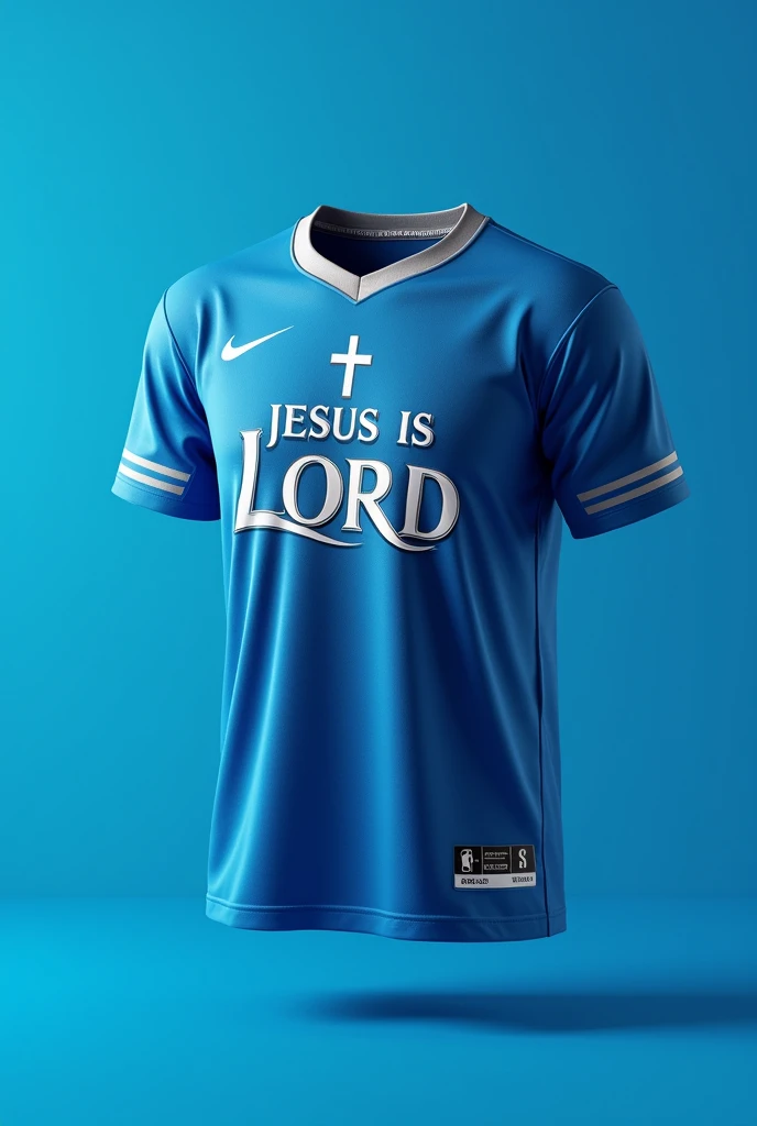 Make me a basketball jersey shirt only with a name Jesus is Lord on it design color blue and a cross logo
