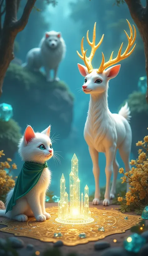 "In a valley filled with glowing gemstones and golden plants, a white kitten with blue eyes and a green cape stands with Kira, a magical deer with glowing golden horns and white fur. In front of them, the ground begins to glow forming an ancient map made o...