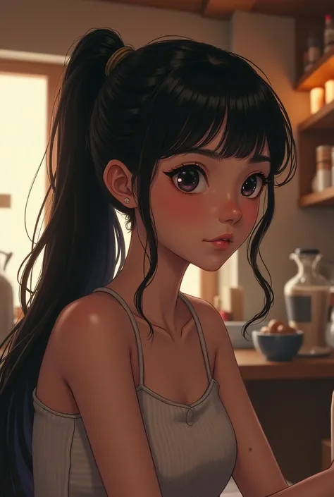 a girl with black hair tied in a small ponytail, fleshy lips, mole on lower side of face in coffee shop