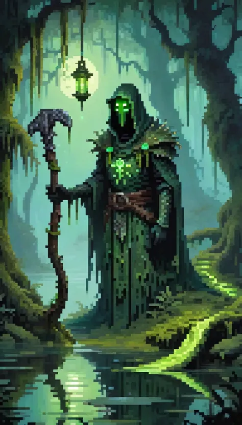 A pixel art of a shadowy fantasy creature standing at the edge of an ancient, enchanted swamp. The creature has a slender but agile build, glowing green eyes, and wields a curved scythe with a handle wrapped in dark, thorny vines. It is draped in tattered,...