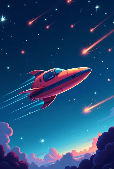 A ship flying over a meteor shower that looks like a cartoon