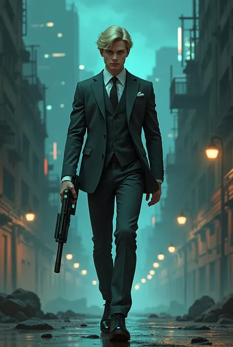 Realistic drawing, An extremely handsome young man, blonde hair, green eyes, very pretty, with a custom made dark grey two piece suit, black tie, walking, some black shoes, a silver ring with a green gem on his left hand, raising a gun with both hands, in ...