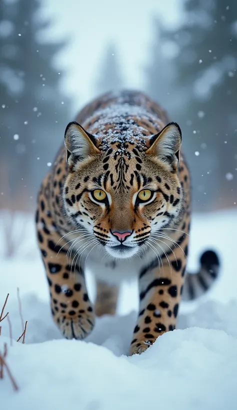 There is snow everywhere and an angry leopard cat is standing .image in real hd.