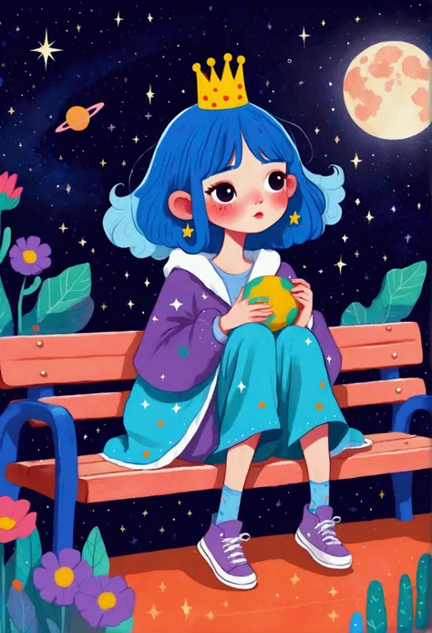 cartoon girl with blue hair and a crown sitting on a bench, procreate illustration, colorful illustration, colorfull illustratio...