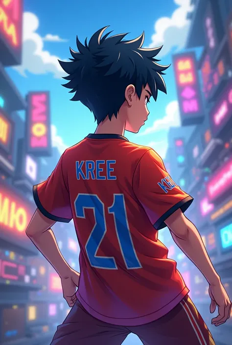 Please make  boy anime wear Jersey back name with kree 21 pic with mobile legends game vibes (dont show his face)