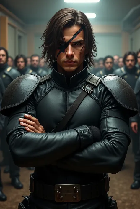 Create an intimidating hell soldier, that has slightly long brown hair and dark eyes, that he has a large scar from his eyebrow to his cheek across his eye. That this dressed in a black leather combat outfit, with shoulder pads and gloves. He should stand ...