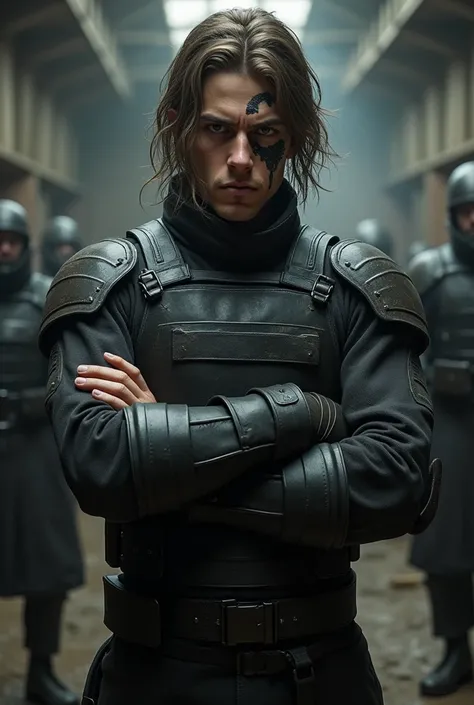 Create an intimidating hell soldier, that has slightly long brown hair and dark eyes, that he has a large cut scar from his eyebrow to his cheek across his eye. That this dressed in a black leather combat outfit, with shoulder pads and gloves. He should st...