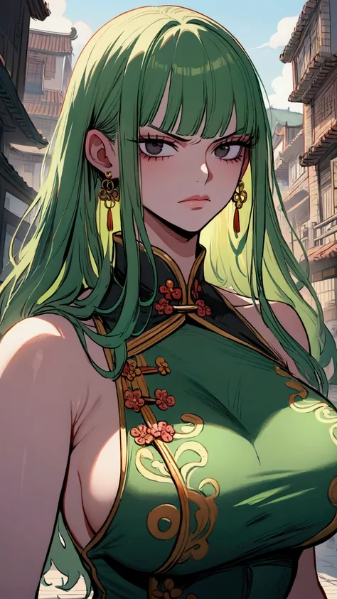 ((Masterpiece)), ((magig)),((ultra detail)), 1girl, zoro, green hair, one piece, beautiful girl, big breast,long hair, black eyes, serious face, looking at viwers, city background, powerfull,chinese clothes,,earing,neclace,