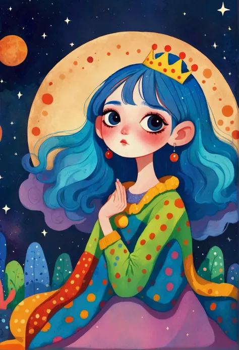 cartoon girl with blue hair and a crown sitting on a bench, procreate illustration, colorful illustration, colorfull illustratio...