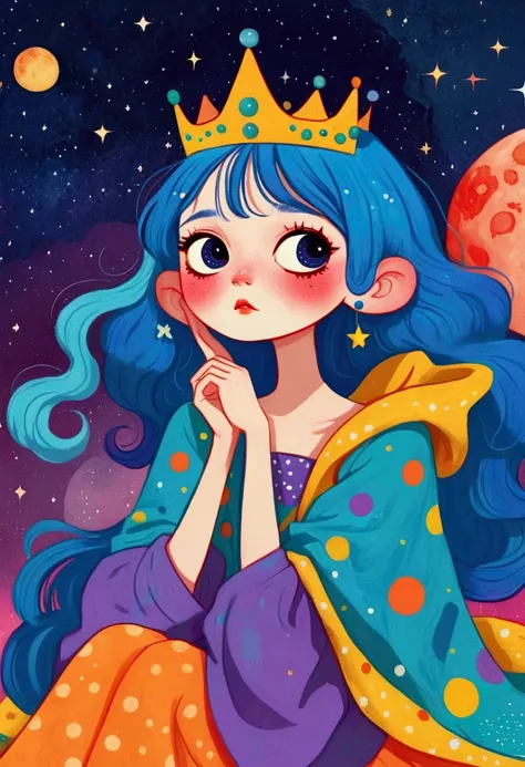 cartoon girl with blue hair and a crown sitting on a bench, procreate illustration, colorful illustration, colorfull illustratio...