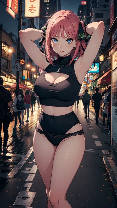 Dynamic poses, ultra detail, large breast,looking at viewer, top quality, masterpiece,detail face, outdoor, top quality, smile, jewellery, elegant, blush, night:1.5, turtleneck crop top, navel, six pack, body goals:1.5, hair ornament, akihabara city:1.5, f...