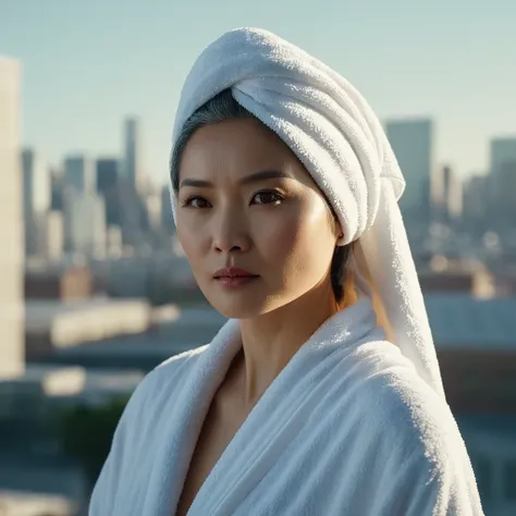 cinematic film still of bright light, bright, a asian woman with a white towel on her head high-key lighting style, 1girl, solo,...