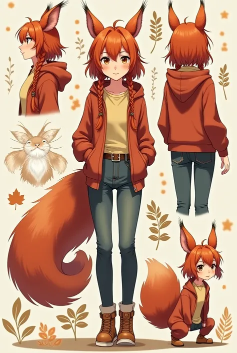 little woman, messy hair with some braids, Slim and toned body, Functional clothing, Whole body, red squirrel ears and tail, all in warm colors, anime style, variations in poses and outfits, Information and symbols relating to the red squirrel