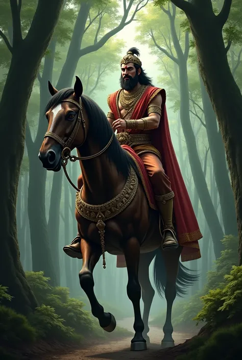 King Arjun, riding a horse during a royal journey through a dense forest. Suddenly, his hand gets injured in a freak accident, and his finger is shown bleeding after being cut off. The king looks in pain and anger."