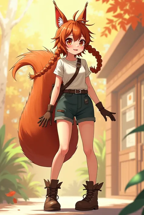 little woman, messy hair with some braids, Slim and toned body, Functional clothing, Whole body, red squirrel ears and tail, all in warm colors, anime style, poses y outfits, Information and symbols relating to the red squirrel