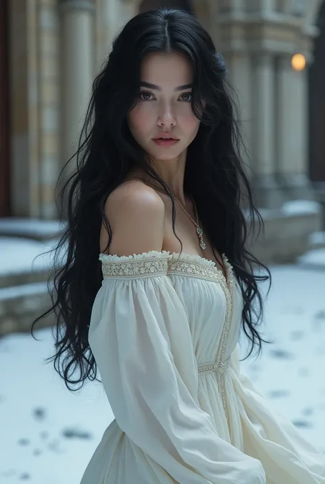 Beautiful woman with black hair wearing white game of thrones  