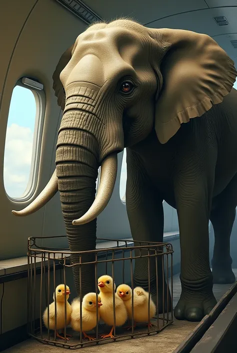  A huge elephant with many little chicks underneath it inside a cage in an airplane.