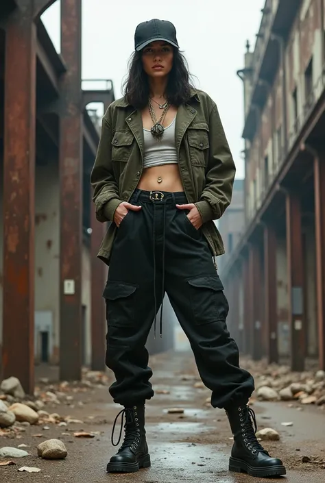 
A model in an industrial area with abandoned factories in the background, wearing urban streetwear, and surrounded by rusted metal structures