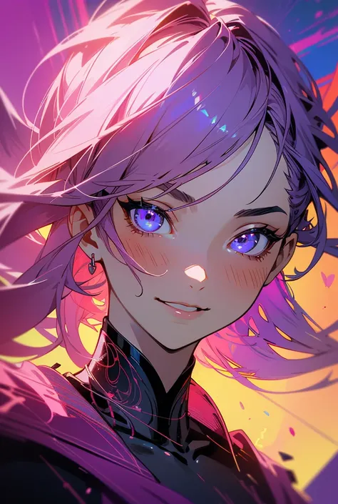 a beautiful happy girl, centered, looking directly at the camera, extremely detailed, highly realistic digital painting, smooth and sharp focus, vivid and dynamic purple tones, concept art style inspired by carne griffiths and vadim kashin, detailed facial...