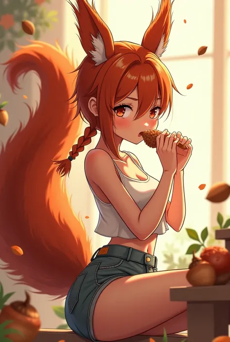 little woman, messy hair with some braids, Slim and toned body, Functional clothing, Whole body, red squirrel ears and tail, all in warm colors, anime style, eating, symbols referring to the red squirrel