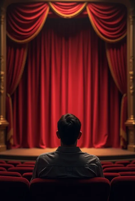 A man is sitting in a theater and the entire curtain of the theater is visible