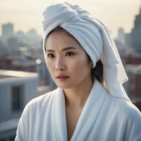 cinematic film still of bright light, bright, a Asian woman with a white towel on her head High-key lighting Style, 1girl, solo,long hair,gray hair, elder, 50 years old, looking at v iewer, city background, wearing a pajamas,city background,bare shoulder s...