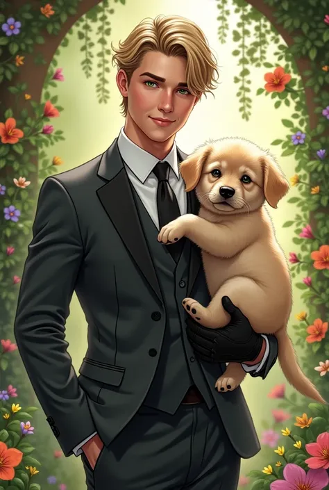 Realistic drawing, An extremely handsome young man, blonde hair, green eyes, very pretty, with a custom made dark grey two piece suit, black tie, some black gloves, smiling very cute with dimples, carrying a small furry colored puppy, light beige color, in...