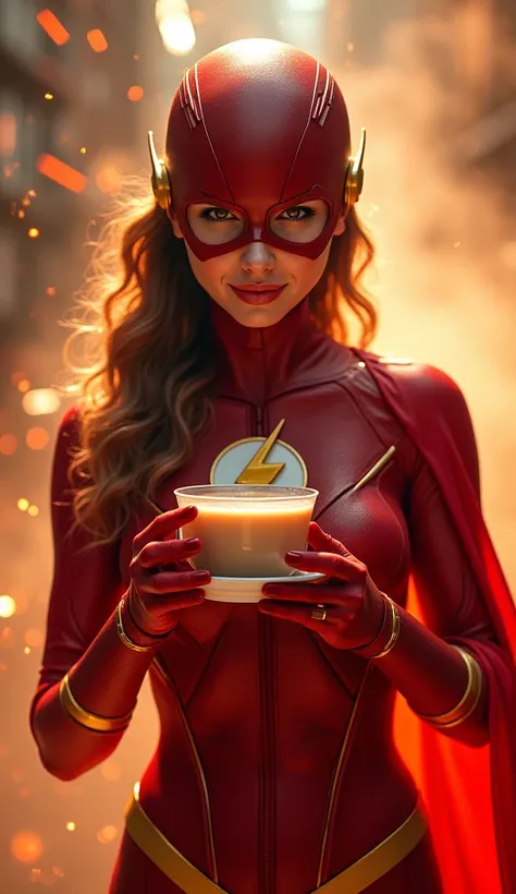 ((Best quality)), ((masterpiece)), (Detail: 1.4), a beautiful woman wearing the flash costume, holding a cup of milk tea, light dust, Pure Energy, chaotic, chống công nghệ, HDR (High dynamic range), Laser track, nvidia RTX, Super resolution,