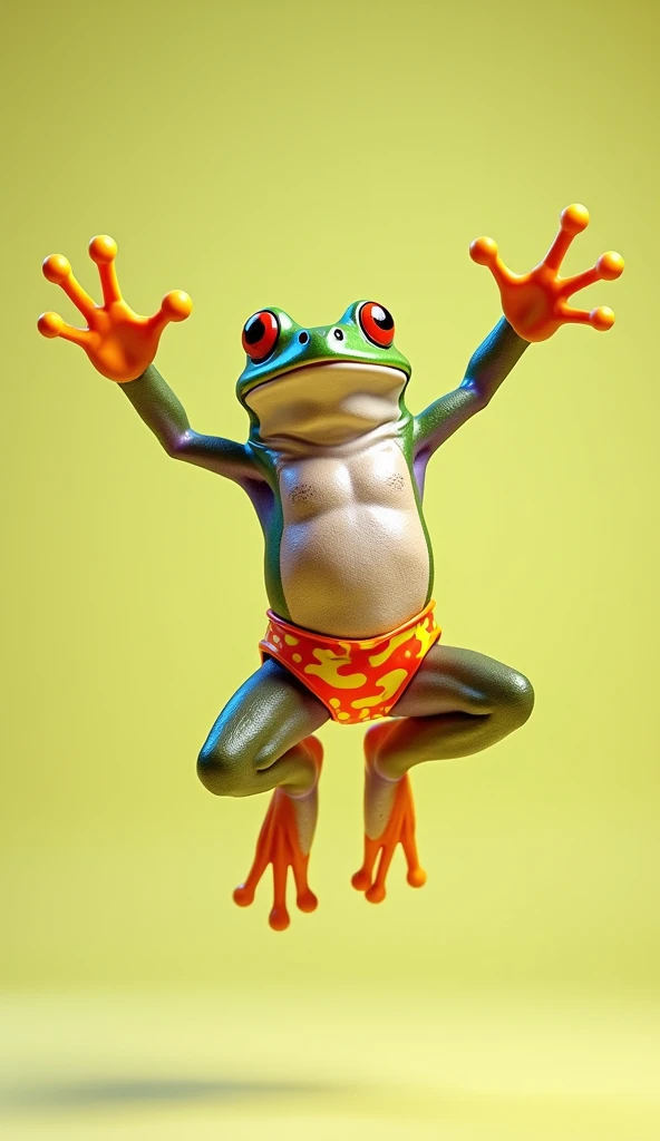 vibrant comical Funny, leaping frog wearing a bathing suit, arms in air, full body, hyper-realistic, extremely detailed, vibrant, Ultra HD 128k