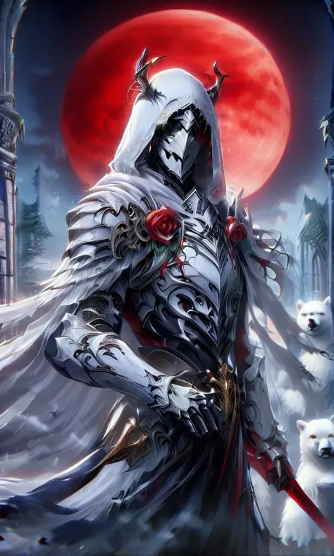 Male knight with a white hood with polar bear ears and a sword behind his back walks with a polar bear in a forest while the moon shines, many Roses cover the ground and lightning falls from the sky. Only the man wears a red blindfold. In the background of...