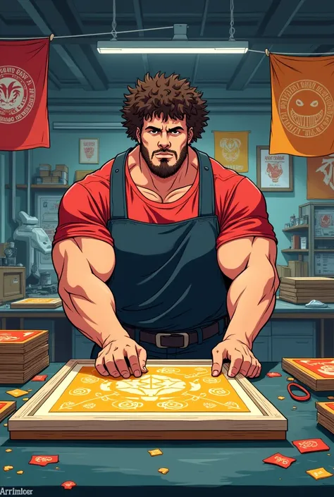 Robust guy with curly hair and goatee wearing a black t-shirt and jeans working in an anime-type screen printing workshop