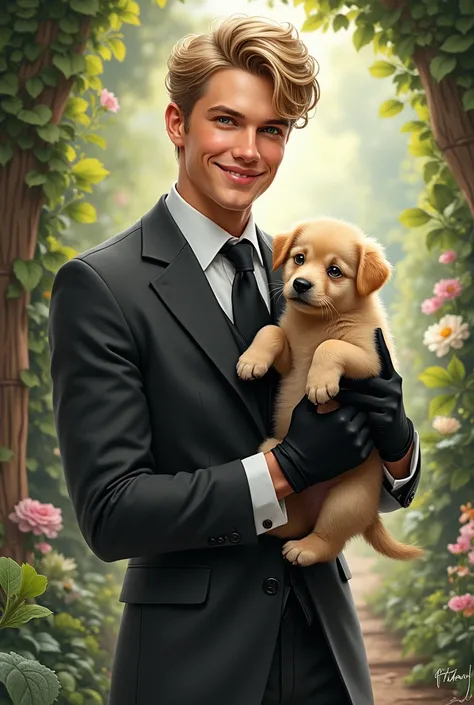 Realistic drawing, An extremely handsome young man, with well-combed blond hair, green eyes, very pretty, with a custom made dark grey two piece suit, black tie, some black gloves, smiling very cute with dimples, carrying a small furry colored puppy, light...