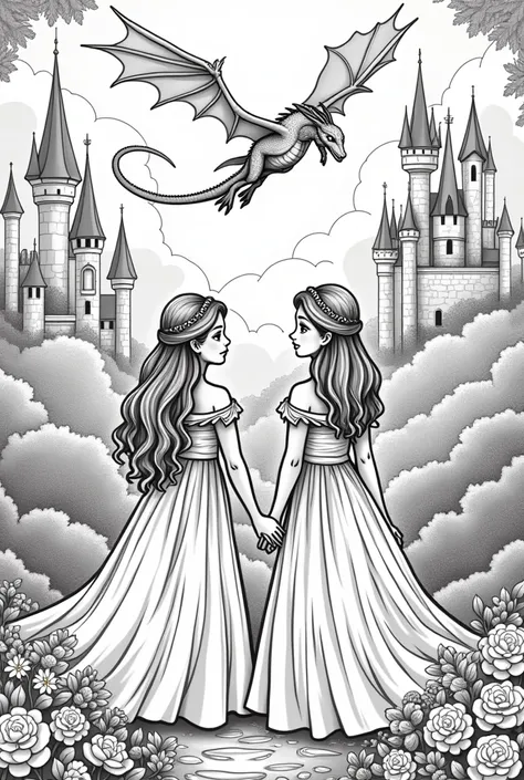 Generate a coloring page for kids Princesses and Castles An enchanted setting with princesses, castles and dragons. An opportunity for children to explore magical themes and fairy tales.