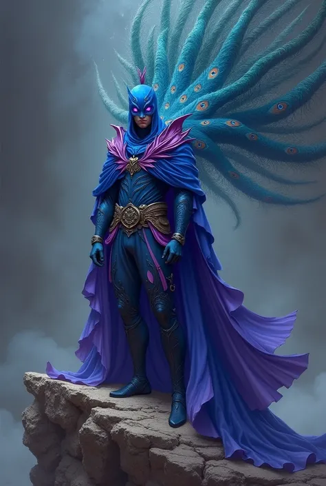 A hero with blue and purple clothes, with blue mask and purple eyes, with a peacock&#39;s tail on top of a rock
