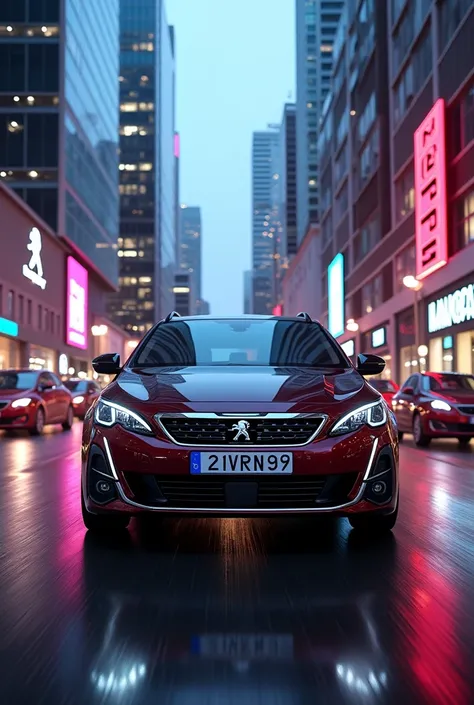 A white car with license plate, 21VR99 Stylish 2018 Peugeot 308 sw glides smoothly through the busy streets of a modern city, its elegant contours reflecting the neon lights of the skyscrapers of the city of Porto