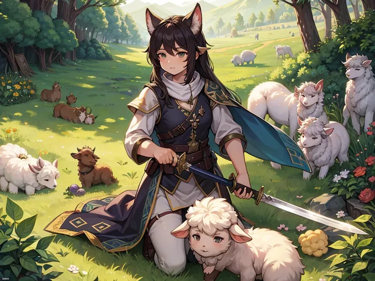 shepherd with long sword, fantasy, sheeps, vegetables, high quality, 4k