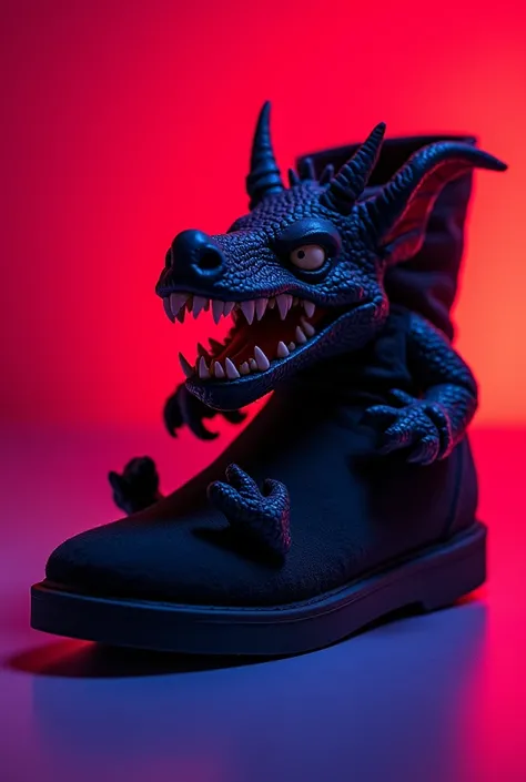 The subject of the photo is a black foam slipper with a scary dragon doll attached to the front. The color and mood of the photo are neon red and purple, 