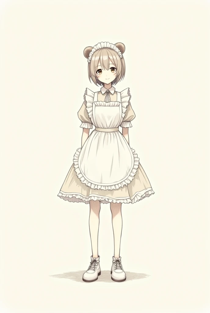 Minimalist anime line drawing. Young man in maid outfit, light brown hair.  Has bear ears