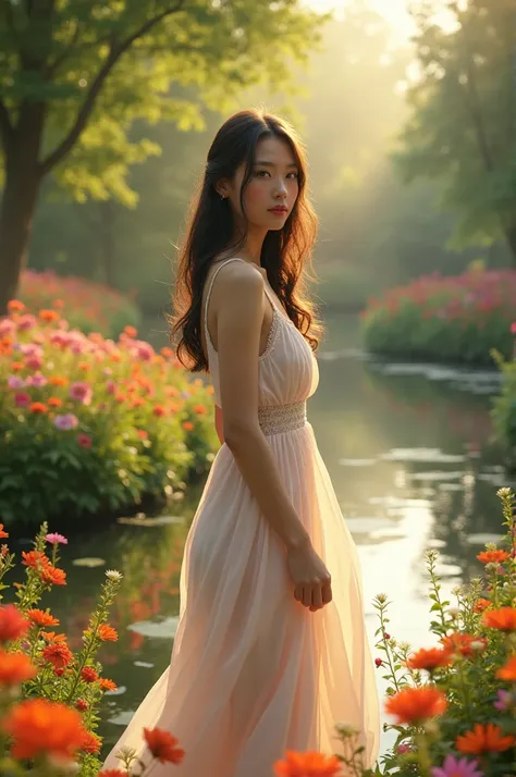 A model in a garden full of colorful flowers, standing by a pond, with sunlight filtering through the trees, wearing a flowy summer dress