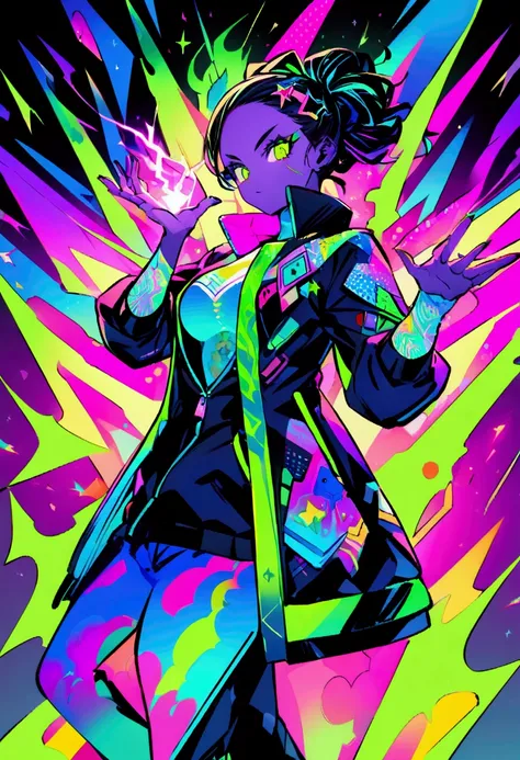 “A bold, electrifying avatar radiating energy and creativity. The figure is in a dynamic pose, glowing with vibrant energy lines around their body, symbolizing unstoppable potential and power. They are holding a stack of stickers that seem to emit a bright...