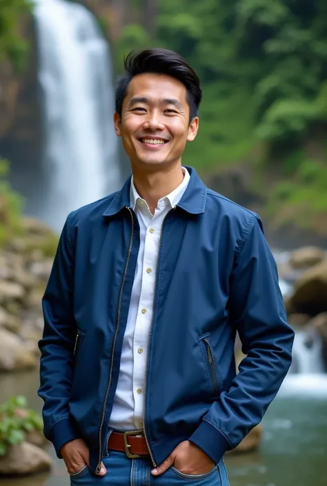 photo size 9:16 A picture on white paper shows a handsome man from Thailand with neat black hair wearing a blue jacket. ,brown belt jeans pants ,sweet smile face pose,listed very bright colors,background view of a waterfall in a rural location ,8k clear re...