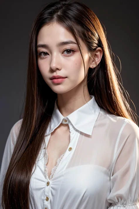 masterpiece, Highest quality, Realistic, RAW Photos, One girl, Long Hair, Mid-chest, Blouse with collar, A light smile, Detailed skin, pore, Simple Background、cute、20th Generation