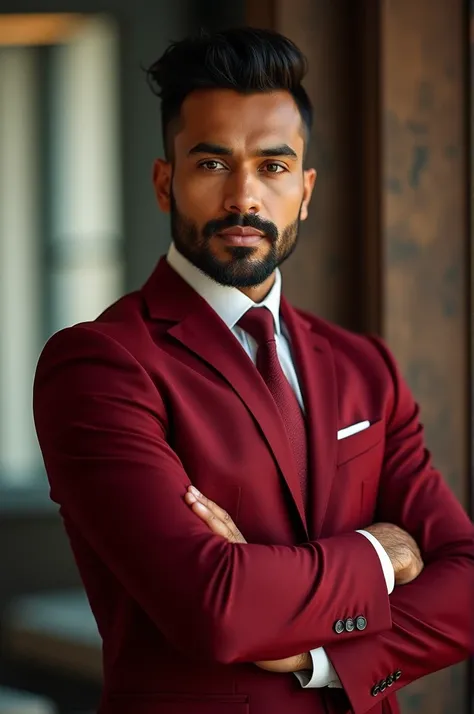 A handsome tan skinned indian man with a well built muscular body,a sharp jawline, sharp brown eyes wearing a red office suit